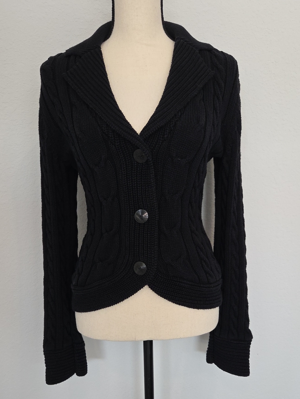 Tommy Hilfiger Womens Black Cable-Knit Collar Button Cardigan Sweater Jacket